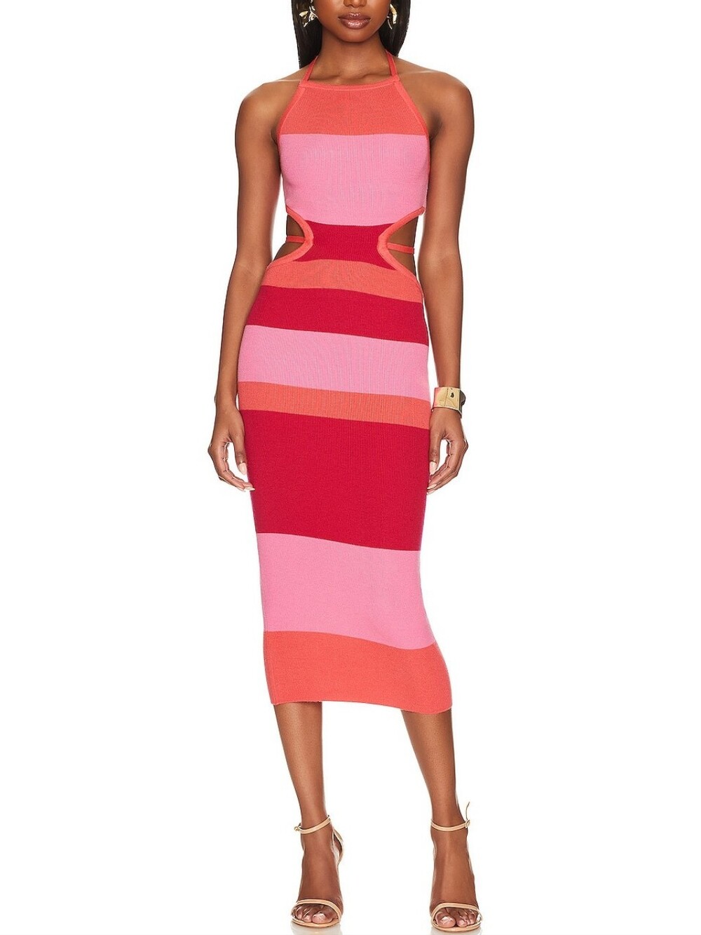 Camila Coelho Pink Orange Colorblock Open Tie Back Halter Emlyn Knit Midi Dress